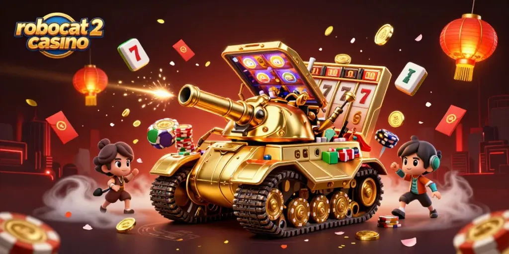 Experience the vibrant excitement of robocat 2 casino with an ultra-detailed 3D illustration of a golden beetle tank revealing a miniature casino.