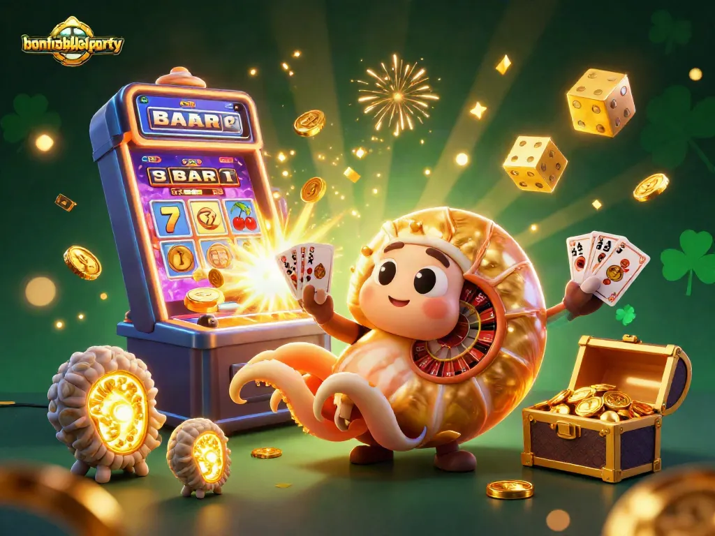 Spinbara Casino's bonfireblockparty themed 3D illustration showcasing vibrant casino elements, jackpots, and games.