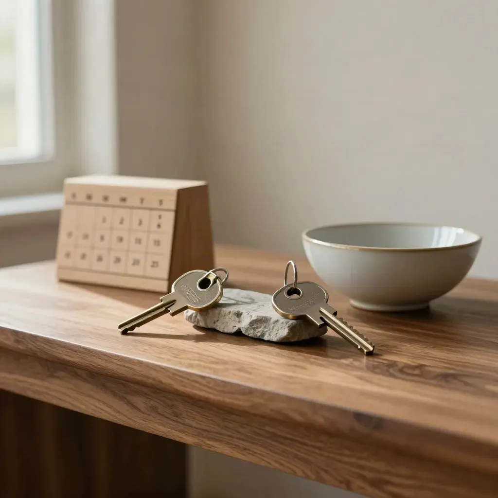 Llaves de casa, bloque de calendario y cuenco cerámico sobre consola de madera, luz suave.