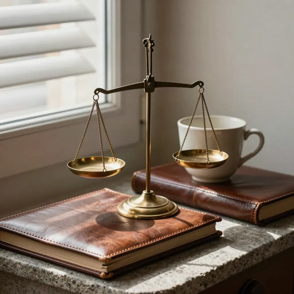 Detalle editorial de un rincón legal en Madrid con balanza de bronce, carpetas de cuero y taza de cerámica.