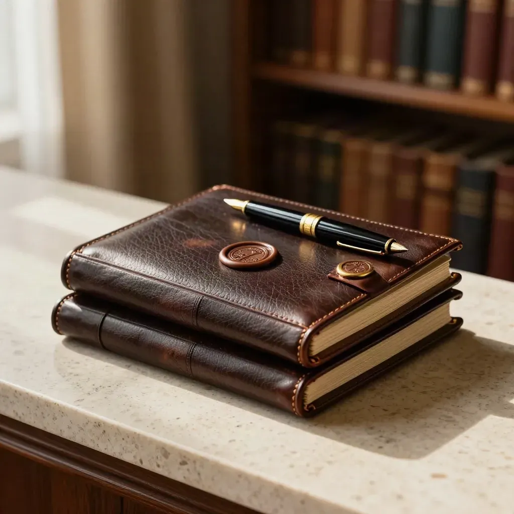 Dos folios legales de cuero oscuro con clip dorado y sello de cera sobre travertino.
