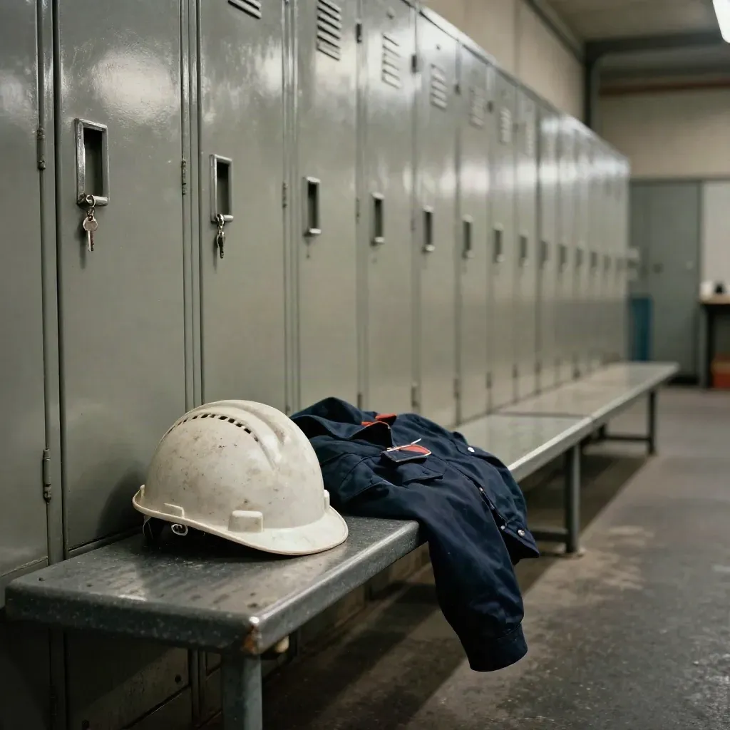 Pasillo de vestuarios industrial con chaqueta de trabajo, casco y banco metálico en luz dramática.