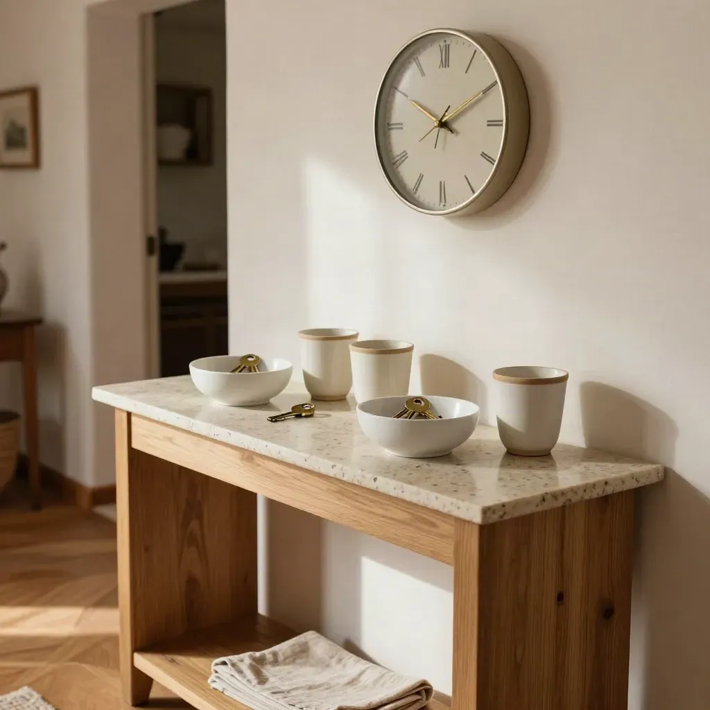 Mesa de entrada ordenada con cuencos de llaves, reloj compartido y tazas a juego en luz cálida.