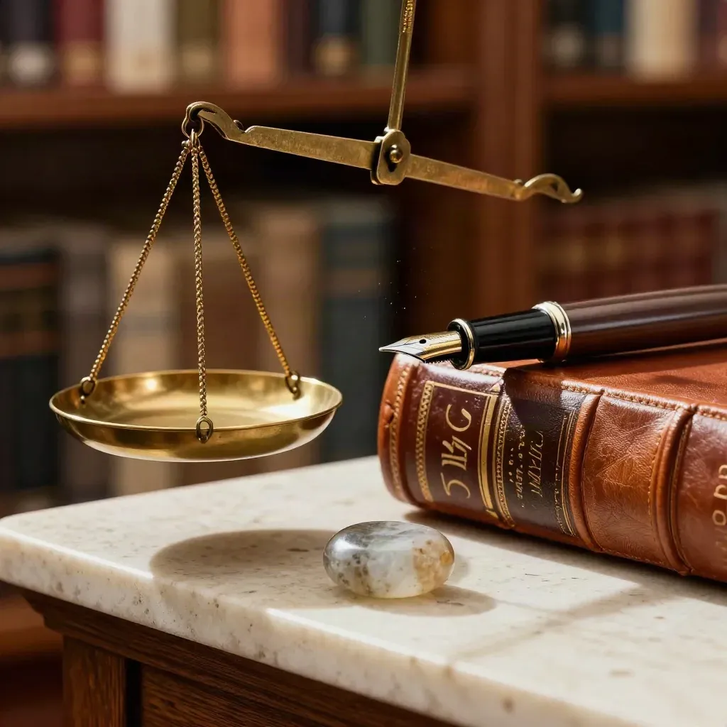 Balanza de bronce, plumín y libro de leyes en travertino, con polvo dorado.