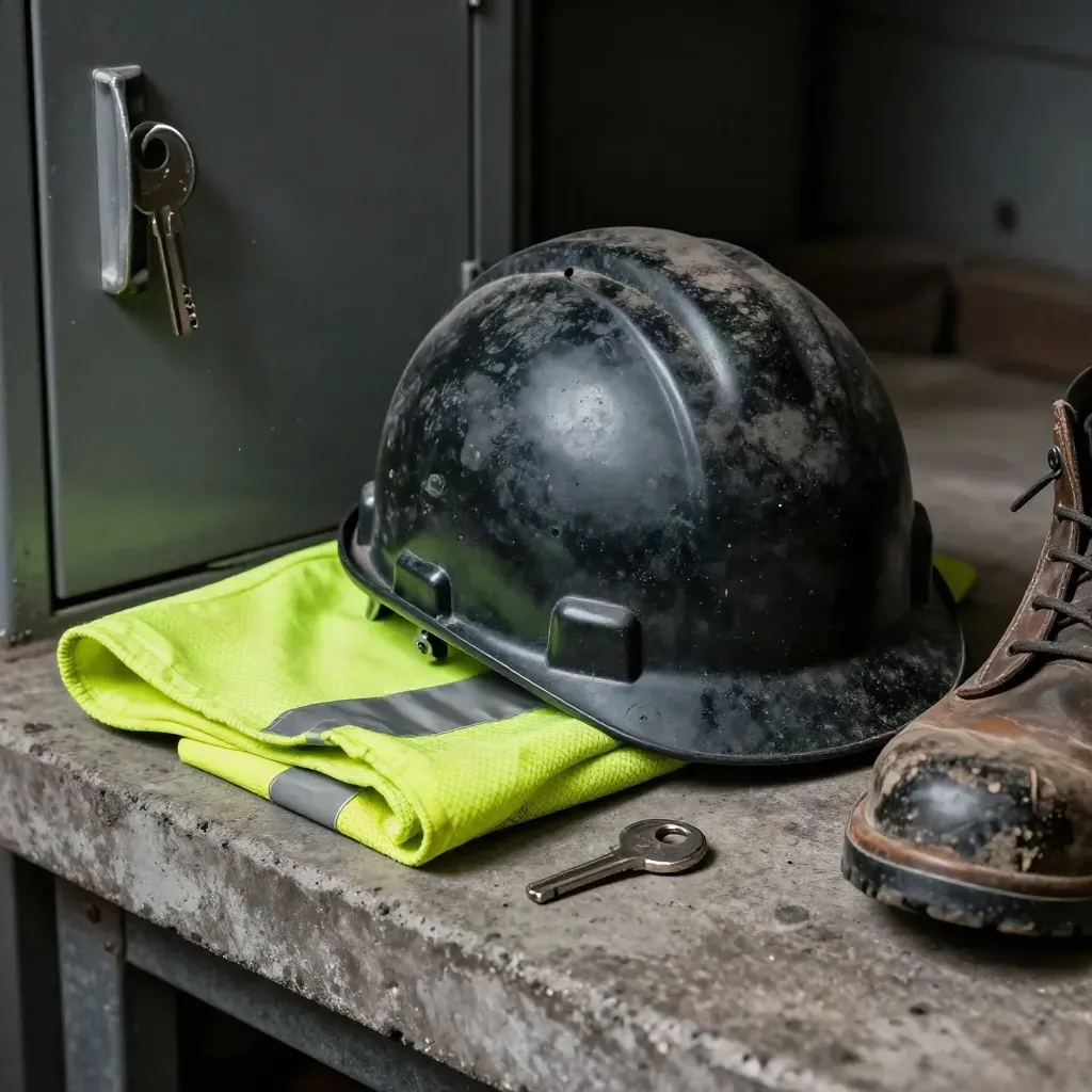 Casco negro, llave metálica, tela de alta visibilidad y puntera de bota en un taller tenue.