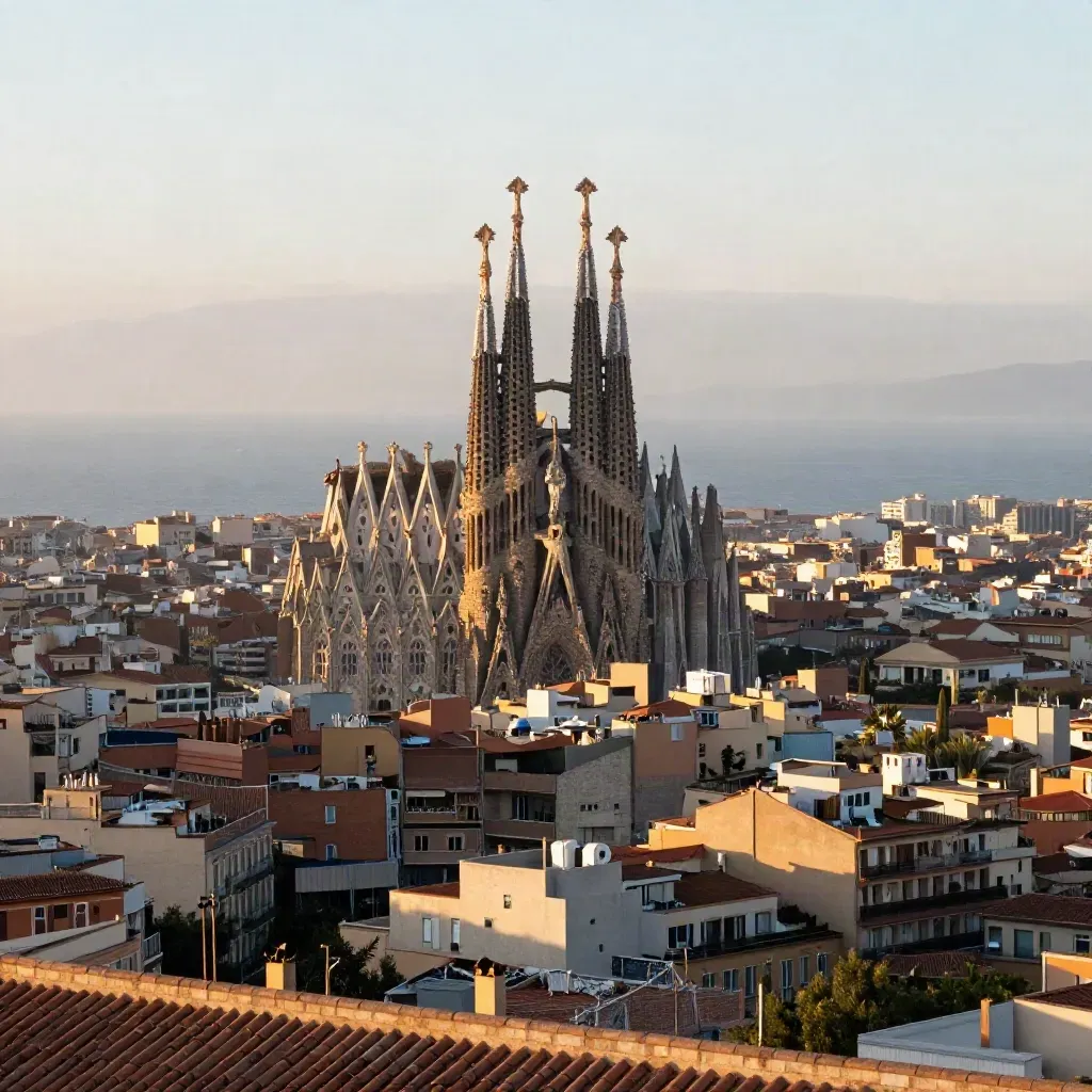 Silueta de la Sagrada Família sobre tejados de Barcelona con bruma marina al amanecer