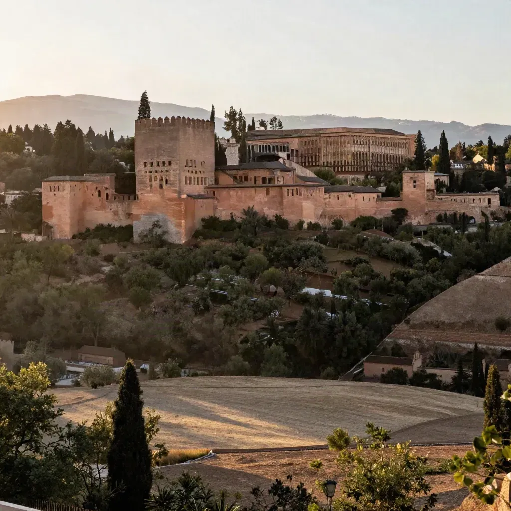 La Alhambra al atardecer sobre terrazas de olivos y laderas encaladas.