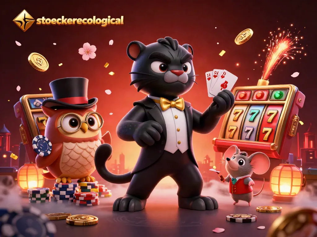 Stoeckerecological showcases a stylish black panther dealer amid vibrant casino elements, celebrating gaming excitement.