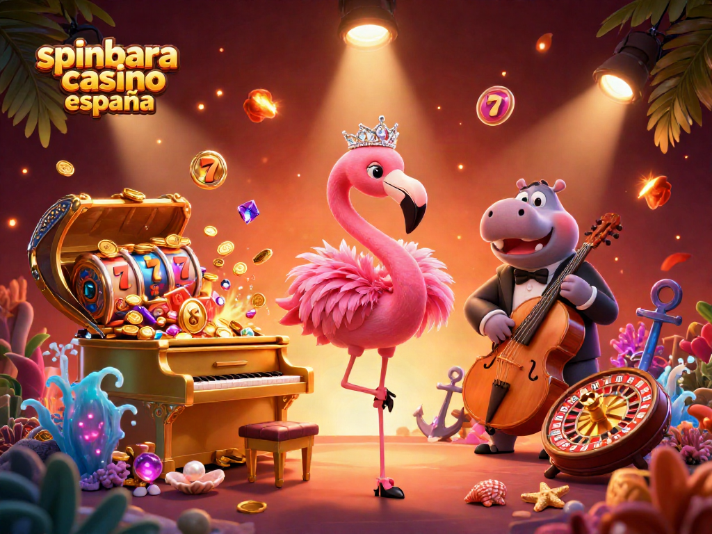 Spinbara Casino España features engaging gambling elements with vibrant characters in a dynamic casino scene.